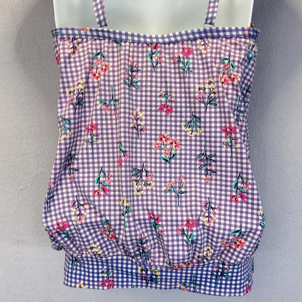 Lands' End Wirefree Tankini Top Womens 6 Purple Gingham Floral Comfy Modest Swim
